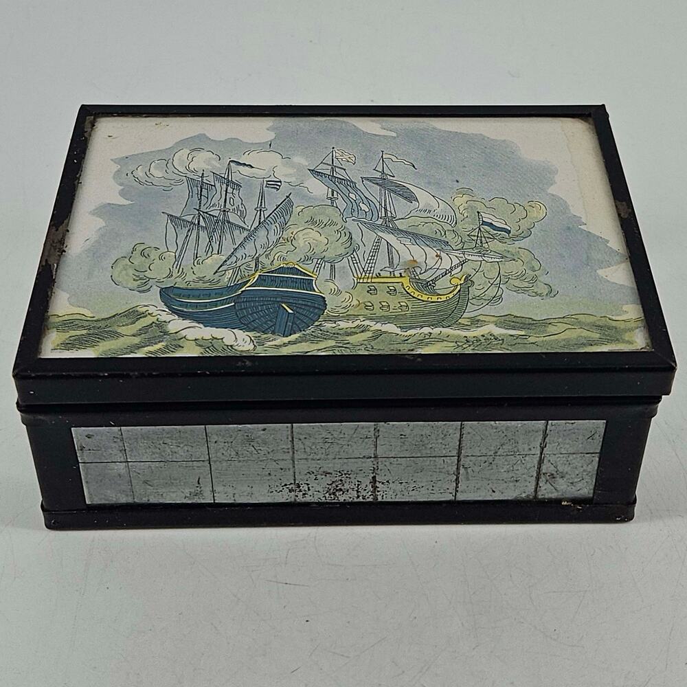 Vintage wood glass sailing ship Jewelry Box Trinket Box
